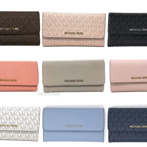 Michael Kors Jet Set Travel Large Trifold Wallet Signature MK Brown Black Pink