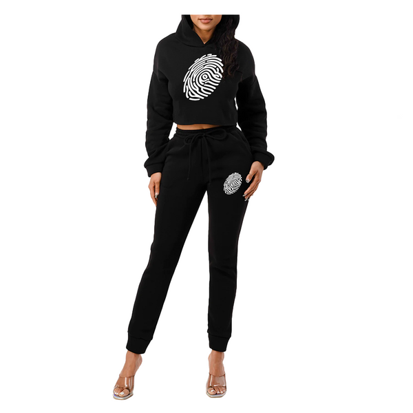 Classic Fingerprint Women Cropped Hoodie and Jogger Set