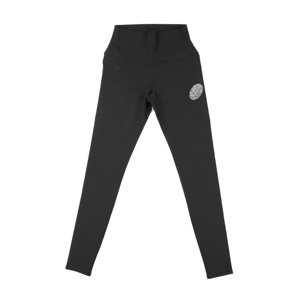 Classic White Fingerprint Logo on a Pair of Black Leggings