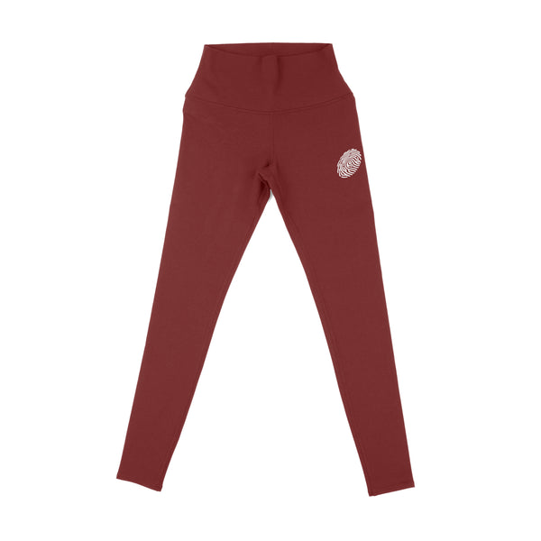 Classic White Fingerprint Logo on a Pair of Burgundy Leggings