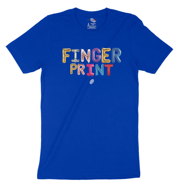 Colorful Fingerprint Alphabet Logo on Royal Blue T-Shirt