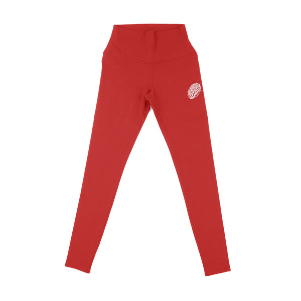 Classic White Fingerprint Logo on a Pair of Red Leggings