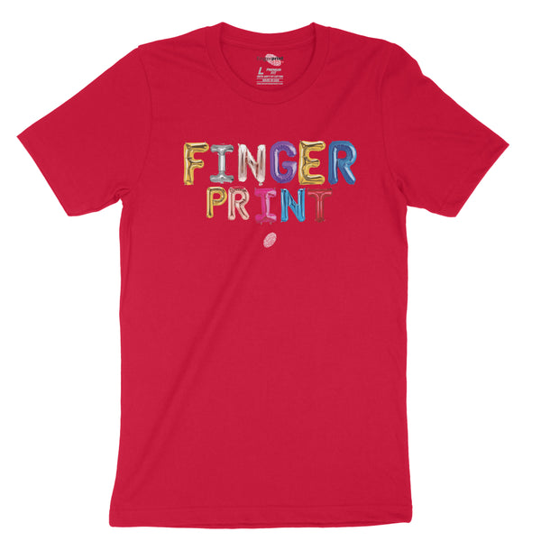 Colorful Fingerprint Alphabet Logo on Red T-Shirt