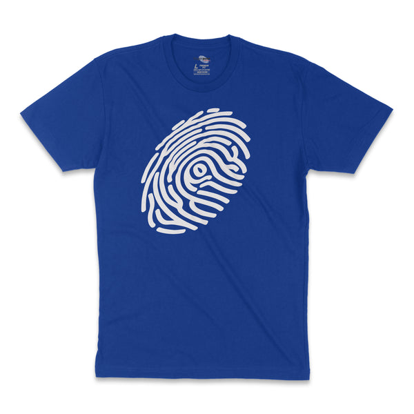 Classic White Fingerprint Logo on Royal Blue T-Shirt